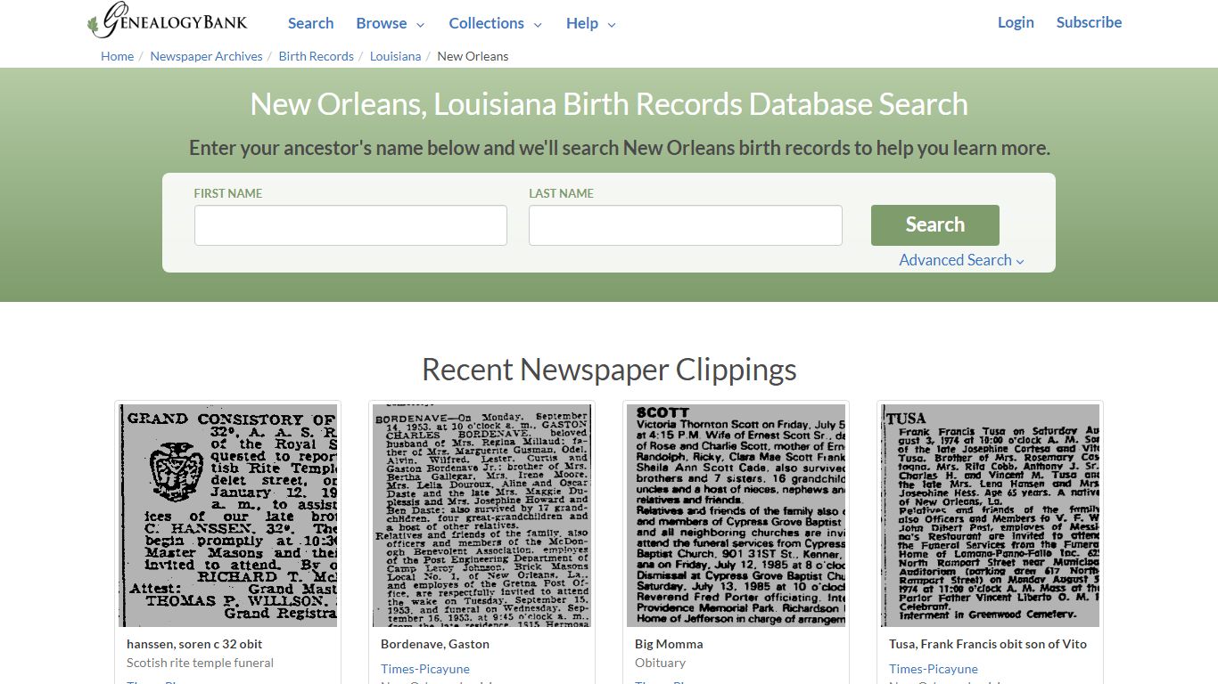 Birth Records for New Orleans, Louisiana | GenealogyBank